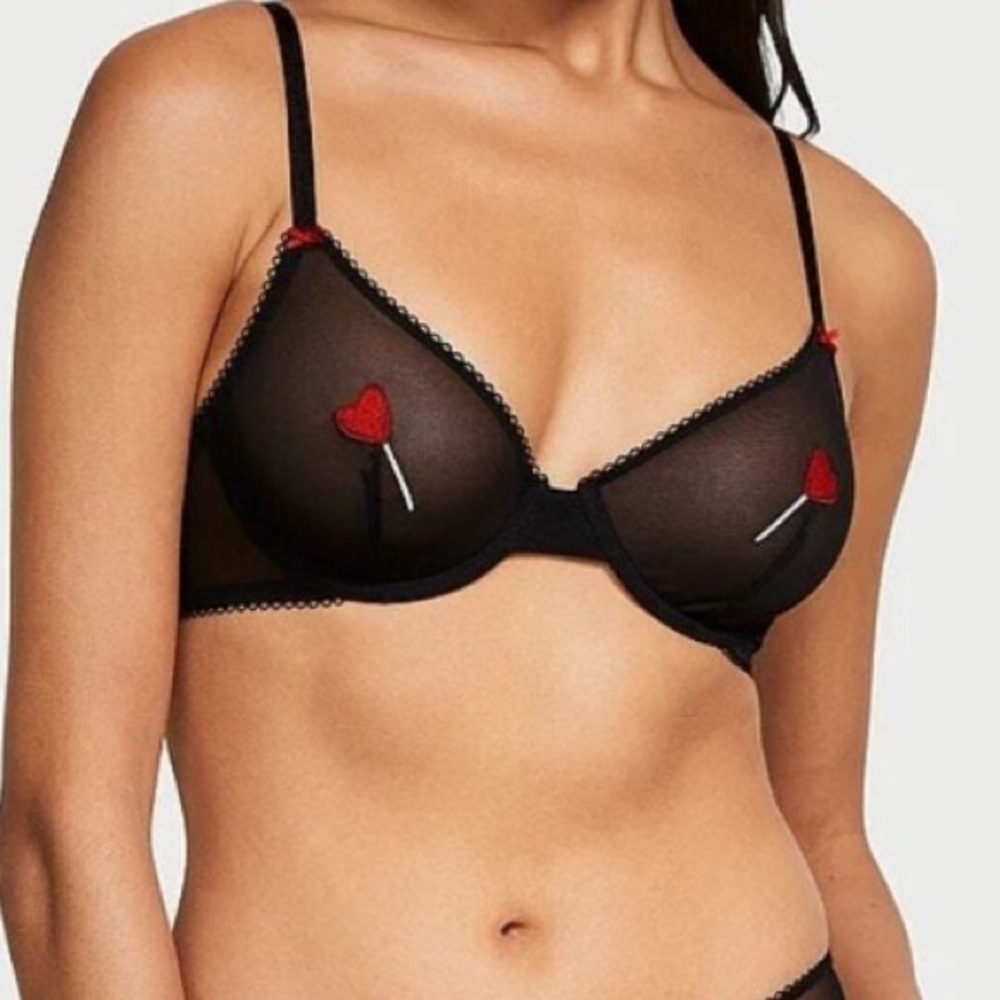 New! Victoria's Secret Tease Heart lollipop Bra black mesh 2023